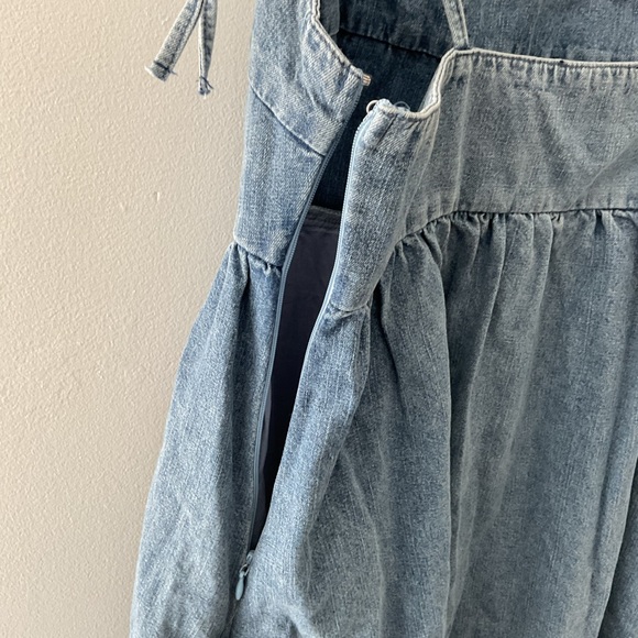 Lulus Charmed Aura Light Wash Blue Denim Tie-Strap Bubble Hem Mini Dress NWT Med - Picture 11 of 15